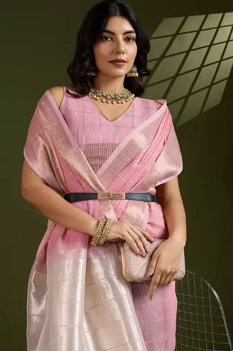 Pink color gota-patti weaves checks body and tiny gold zari weave butties  tissue linen silk blend saree with blouse