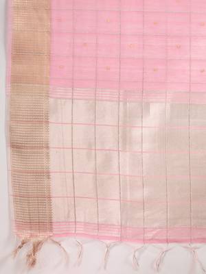 Pink color gota-patti weaves checks body and tiny gold zari weave butties  tissue linen silk blend saree with blouse 5
