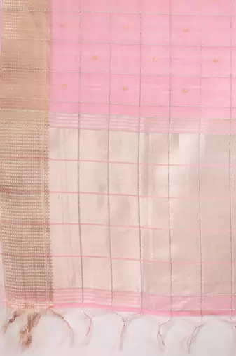 Pink color gota-patti weaves checks body and tiny gold zari weave butties  tissue linen silk blend saree with blouse