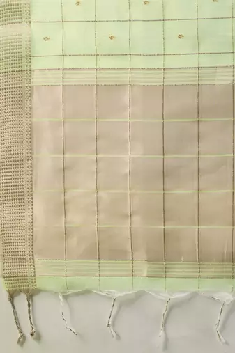 Green color gota-patti weaves checks body and tiny gold zari weave butties  tissue linen silk blend saree with blouse