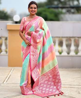 Pink faux banarasi silk multi colour saree with all over zari weawing design 4