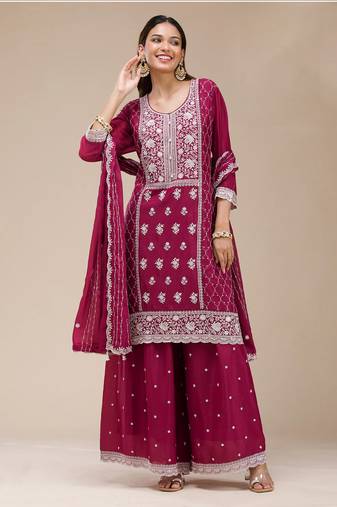 Rani pink color embroideried faux georgette semi stitched salwar suit