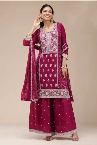 Rani pink color embroideried faux georgette semi stitched salwar suit