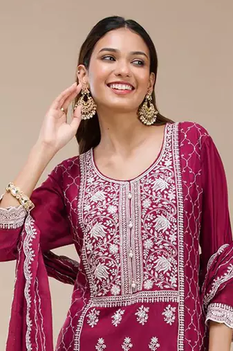 Rani pink embroidered faux georgette salwar suit