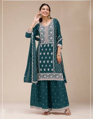 Teal embroidered faux georgette salwar suit 1