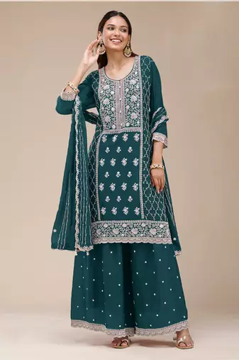 Teal color embroideried faux georgette semi stitched salwar suit
