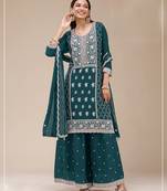 Teal color embroideried faux georgette semi stitched salwar suit