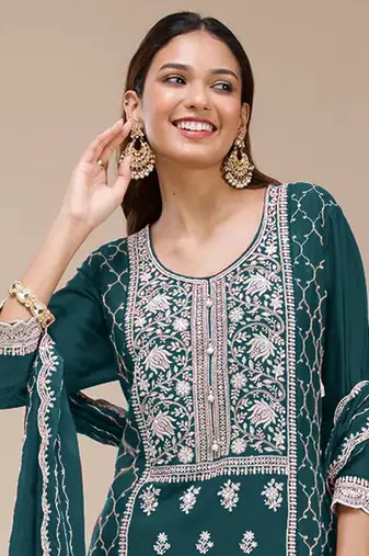 Teal embroidered faux georgette salwar suit