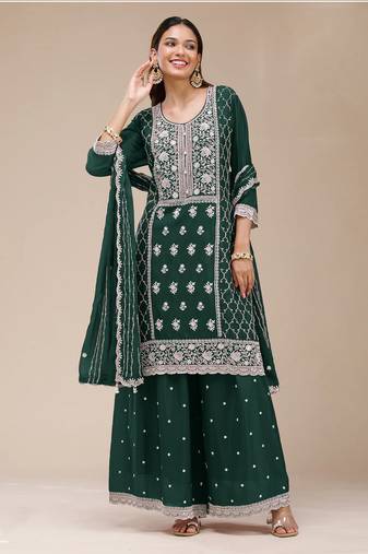 Dark green color embroideried faux georgette semi stitched salwar suit