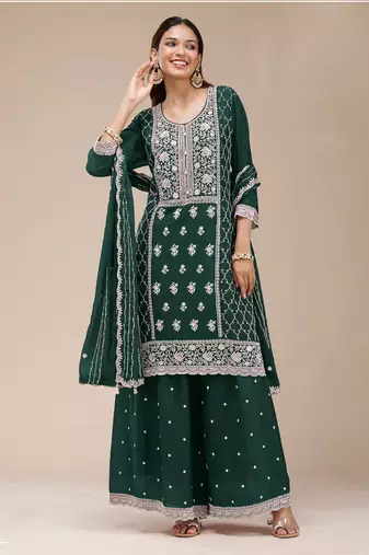 Dark green color embroideried faux georgette semi stitched salwar suit
