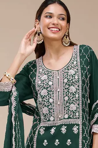 Dark green embroidered faux georgette salwar suit