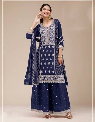 Navy blue embroidered faux georgette salwar suit 1
