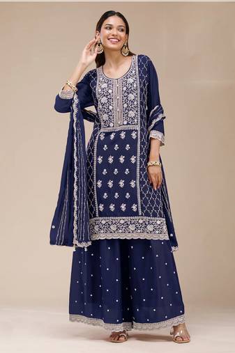 Navy blue color embroideried faux georgette semi stitched salwar suit