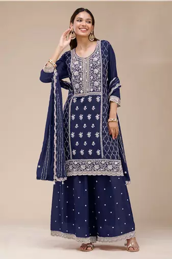 Navy blue color embroideried faux georgette semi stitched salwar suit