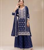 Navy blue color embroideried faux georgette semi stitched salwar suit