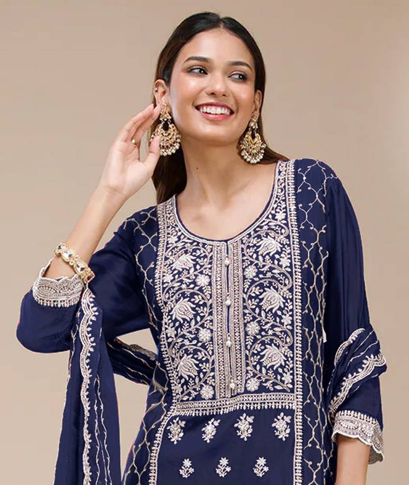 Navy blue color embroideried faux georgette semi stitched salwar suit
