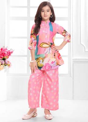 Cotton silk woven floral print cotton silk kurta and palazzo-pink 1