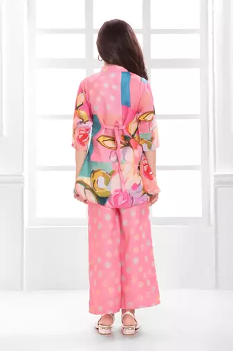 Cotton silk woven floral print cotton silk kurta and palazzo-pink