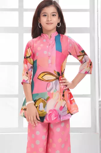 Cotton silk woven floral print cotton silk kurta and palazzo-pink