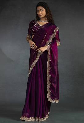 Purple sequin embroidered fendy two tone satin silk saree sari 1