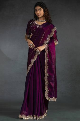 Purple sequin embroidered fendy two tone satin silk saree sari