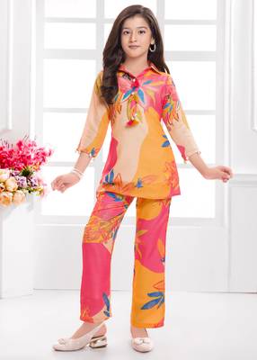 Cotton silk woven floral print cotton silk kurta and palazzo-orange 1