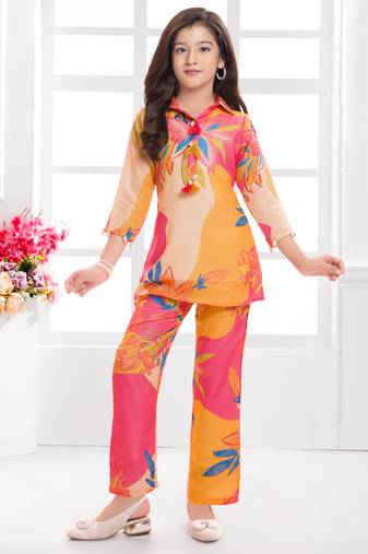 Cotton silk woven floral print cotton silk kurta and palazzo-orange