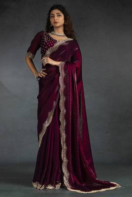 Purple sequin embroidered fendy two tone satin silk saree sari 2