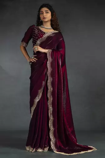 Purple sequin embroidered fendy two tone satin silk saree sari