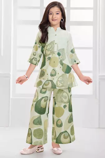 Cotton silk woven geometric print cotton silk kurta and palazzo-grey