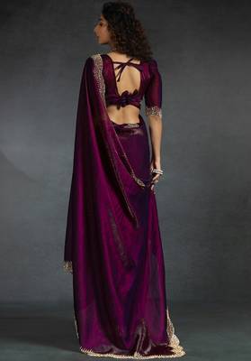 Purple sequin embroidered fendy two tone satin silk saree sari 3