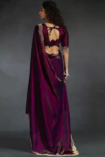 Purple sequin embroidered fendy two tone satin silk saree sari