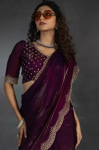 Purple sequin embroidered fendy two tone satin silk saree sari