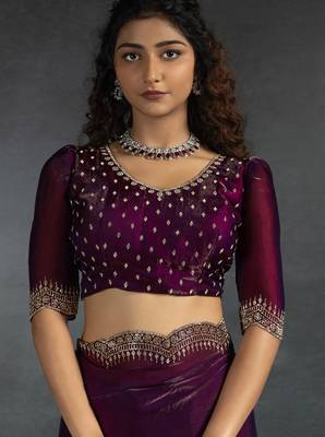 Purple sequin embroidered fendy two tone satin silk saree sari 5