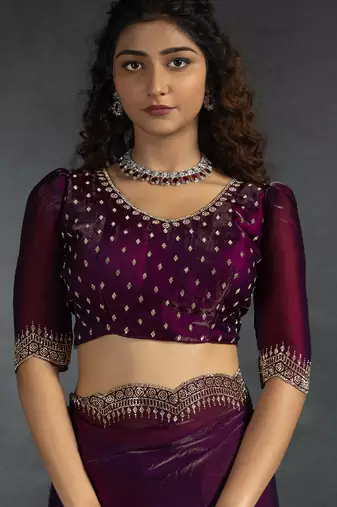 Purple sequin embroidered fendy two tone satin silk saree sari