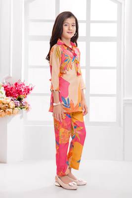 Cotton silk woven floral print cotton silk kurta and palazzo-orange 3