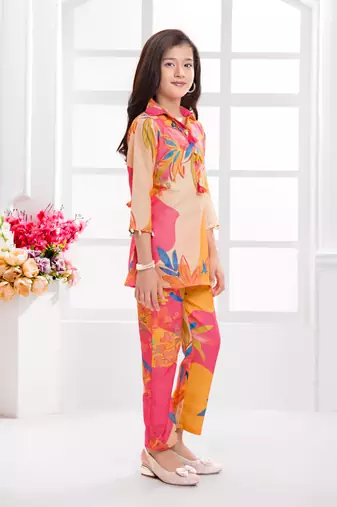 Cotton silk woven floral print cotton silk kurta and palazzo-orange