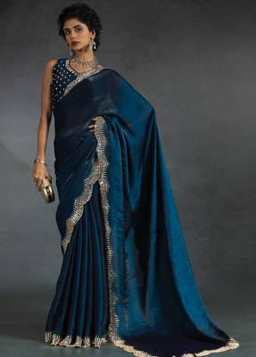 Teal blue sequin embroidered fendy two tone satin silk saree sari 1