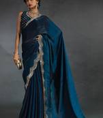 Teal blue sequin embroidered fendy two tone satin silk saree sari