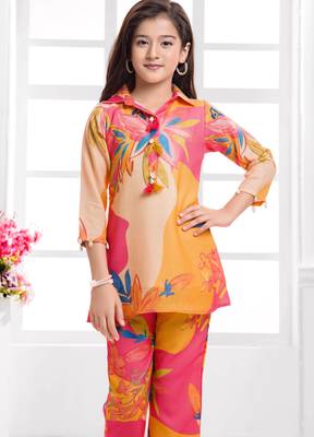 Cotton silk woven floral print cotton silk kurta and palazzo-orange 4