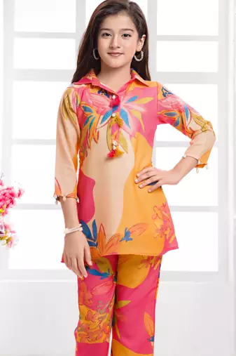 Cotton silk woven floral print cotton silk kurta and palazzo-orange