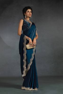 Teal blue sequin embroidered fendy two tone satin silk saree sari 2
