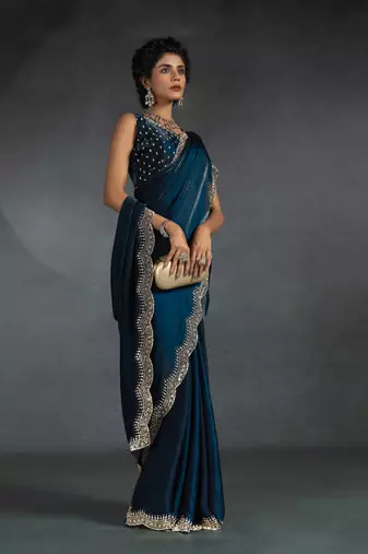 Teal blue sequin embroidered fendy two tone satin silk saree sari