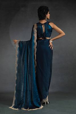 Teal blue sequin embroidered fendy two tone satin silk saree sari 3