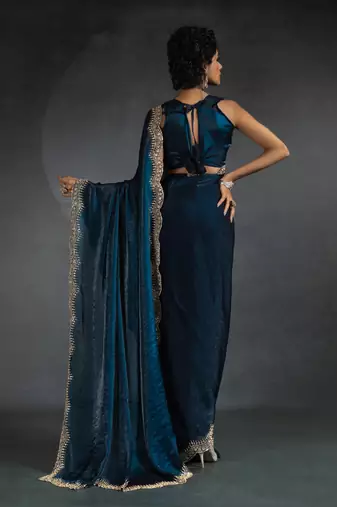 Teal blue sequin embroidered fendy two tone satin silk saree sari