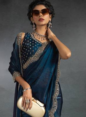 Teal blue sequin embroidered fendy two tone satin silk saree sari 4