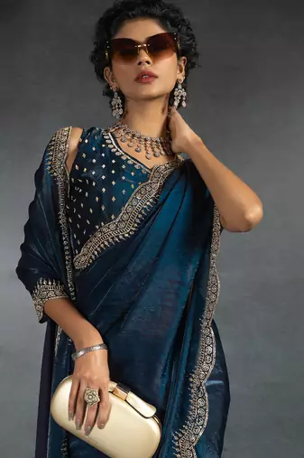 Teal blue sequin embroidered fendy two tone satin silk saree sari