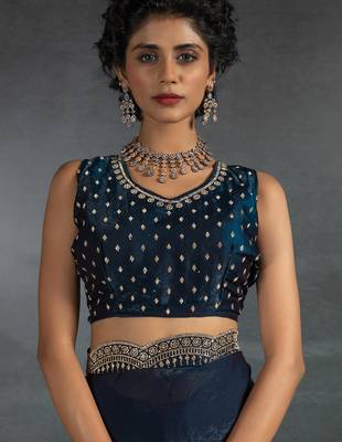 Teal blue sequin embroidered fendy two tone satin silk saree sari 5