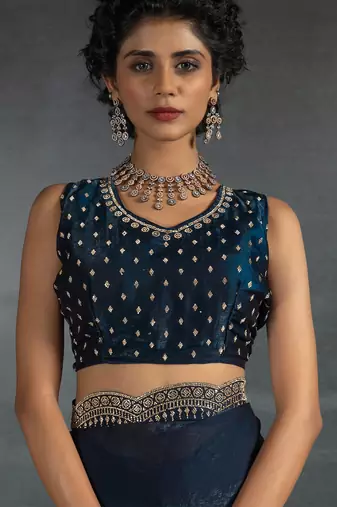 Teal blue sequin embroidered fendy two tone satin silk saree sari