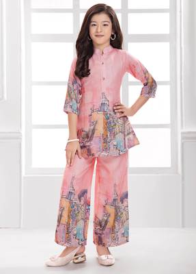 Cotton silk woven graphic print cotton silk kurta and palazzo-peach 1